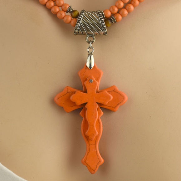Orange Turquoise & Tiger Eye Double Cross 3PC Set - Picture 4 of 8